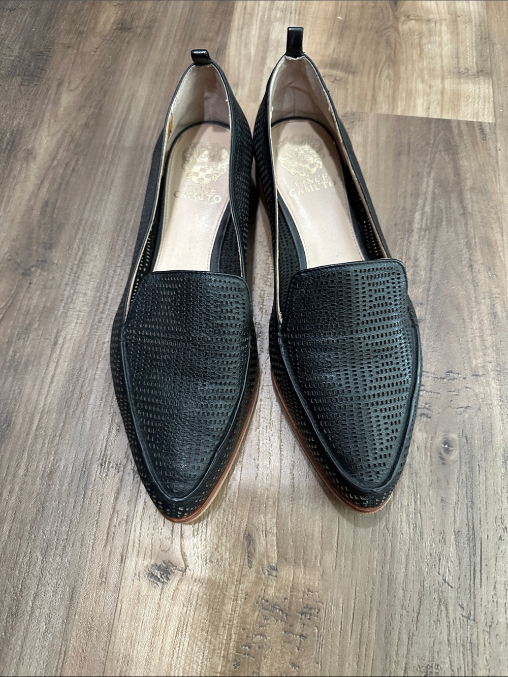 Vince Camuto Black Perforated Pointed Slip-On Loafers